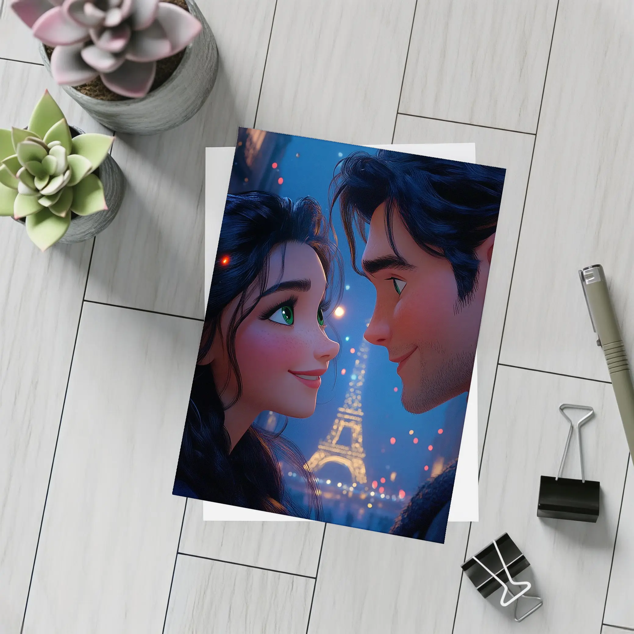 Romantic Couple Cartoon Paris Eiffel Tower Night – Postcards