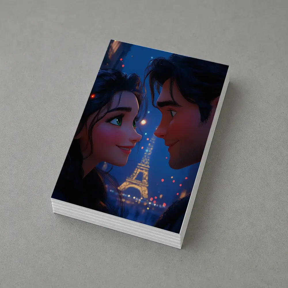 Romantic Couple Cartoon Paris Eiffel Tower Night – Postcards