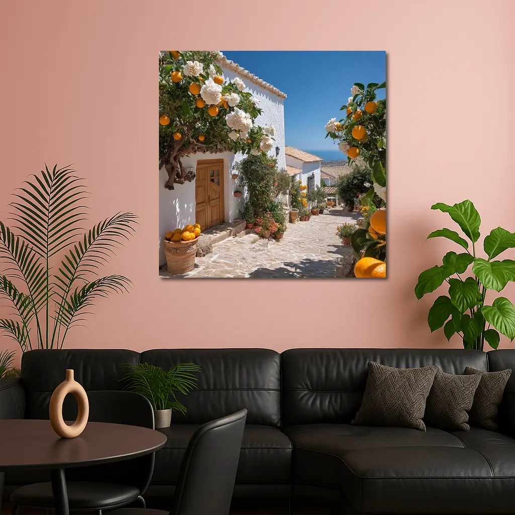 Mediterranean Village Courtyard Orange Trees White Houses – Wall Art