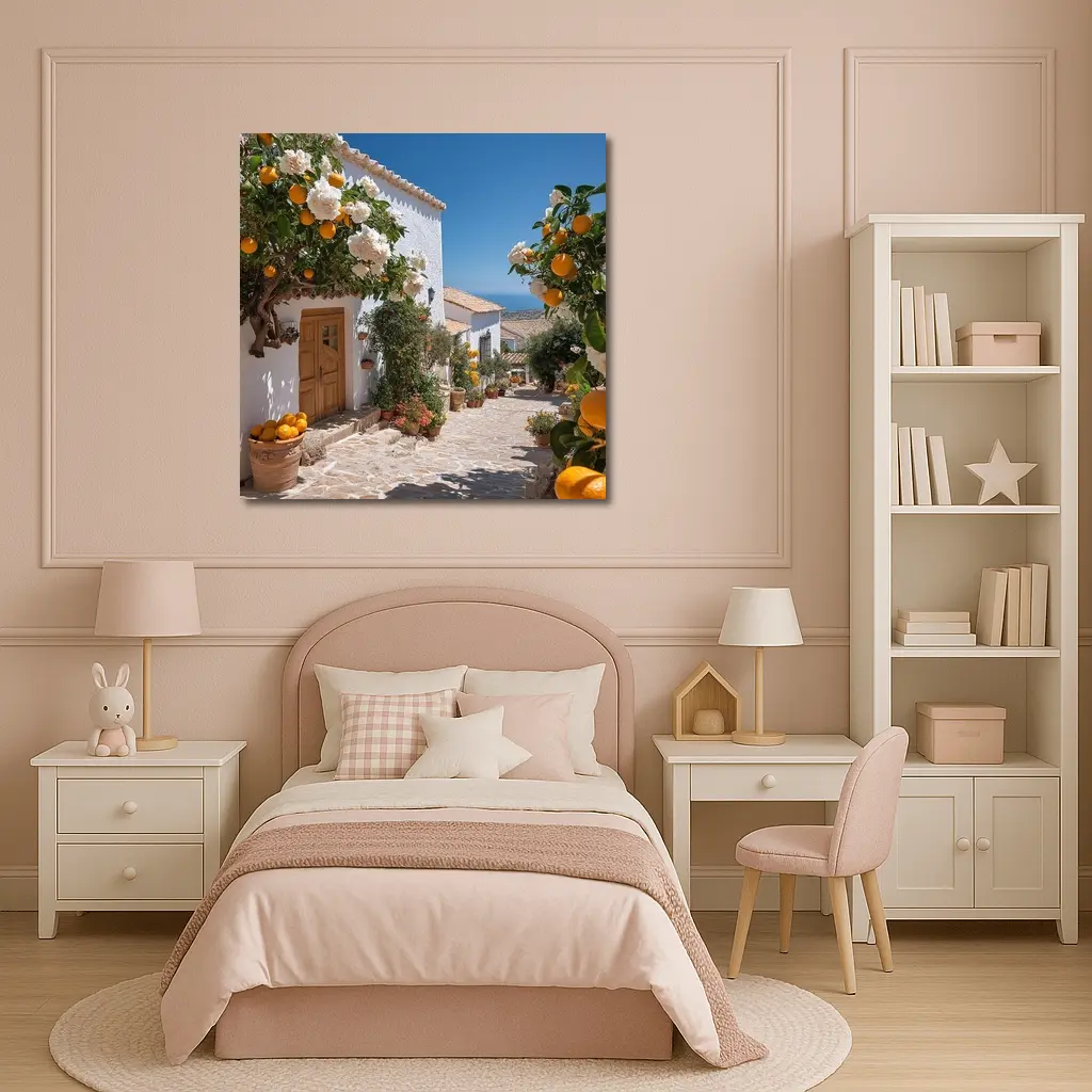 Mediterranean Village Courtyard Orange Trees White Houses – Wall Art
