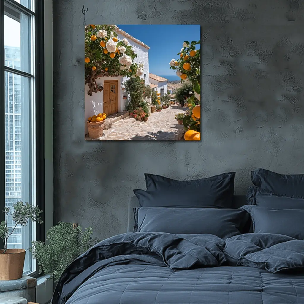 Mediterranean Village Courtyard Orange Trees White Houses – Wall Art