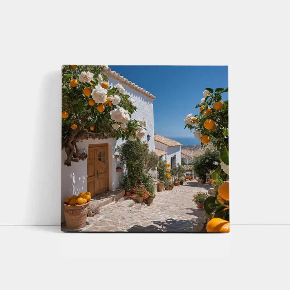 Mediterranean Village Courtyard Orange Trees White Houses – Wall Art