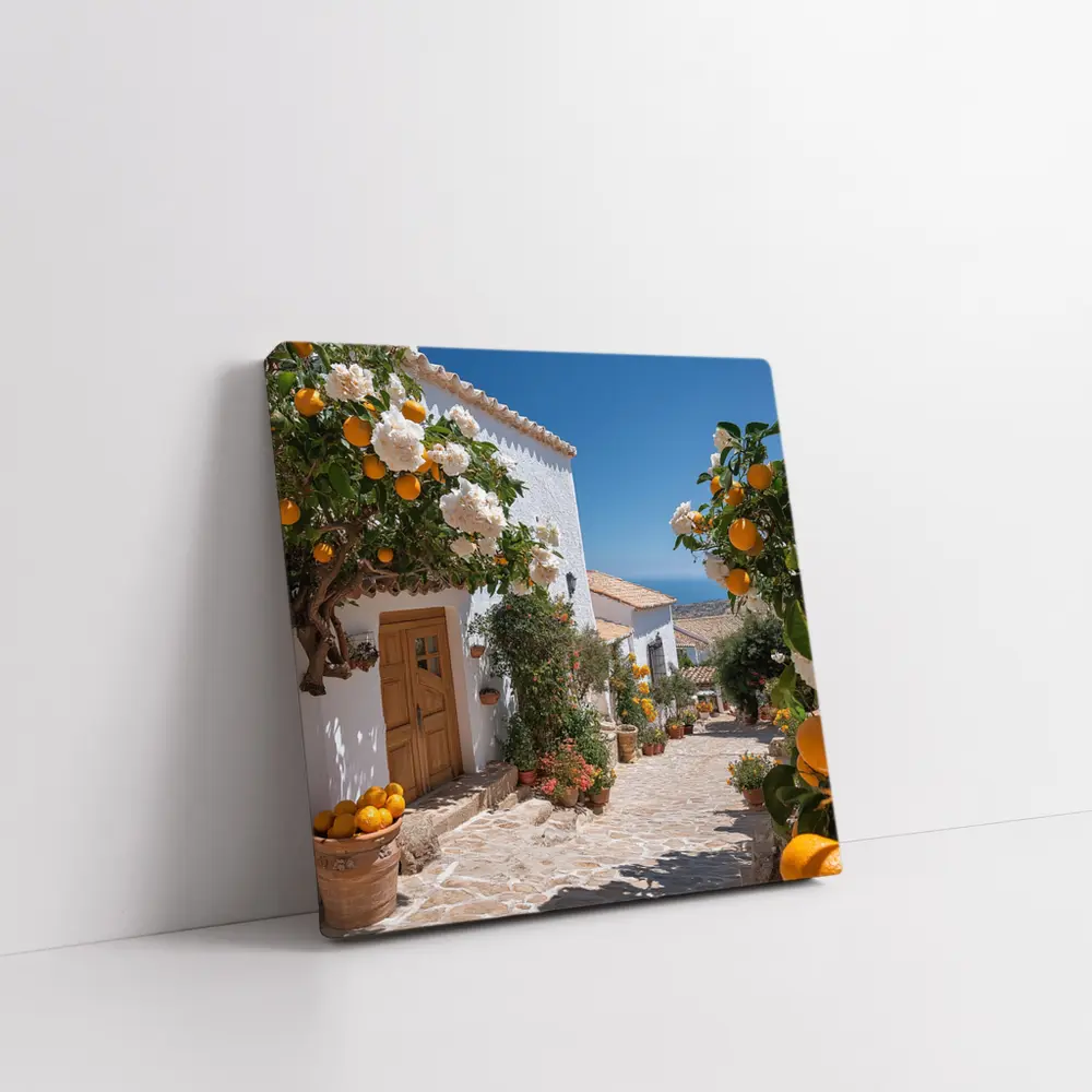 Mediterranean Village Courtyard Orange Trees White Houses – Wall Art