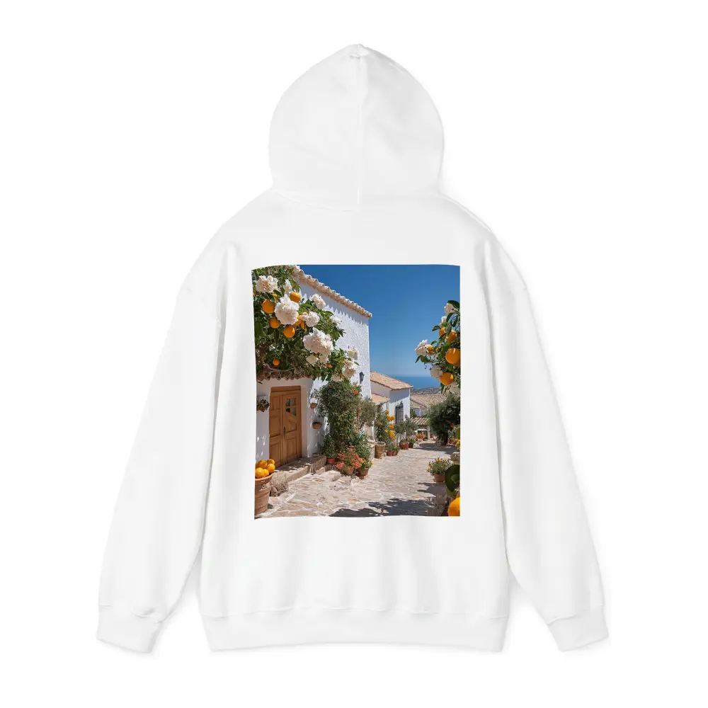 Mediterranean Village Courtyard Orange Trees White Houses – Hoodies