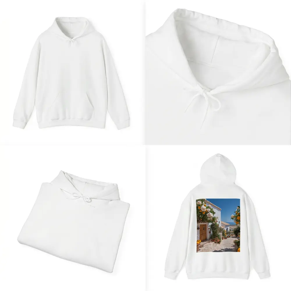 Mediterranean Village Courtyard Orange Trees White Houses – Hoodies
