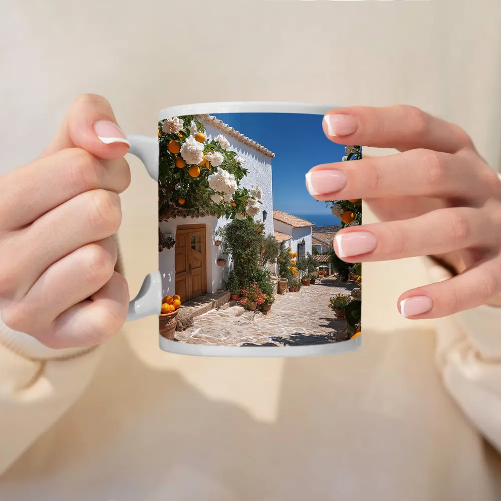 Mediterranean Village Courtyard Orange Trees White Houses – Mugs