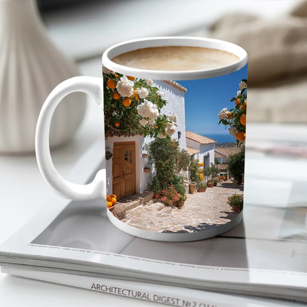 Mediterranean Village Courtyard Orange Trees White Houses – Mugs