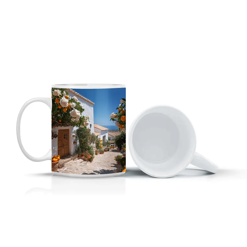 Mediterranean Village Courtyard Orange Trees White Houses – Mugs