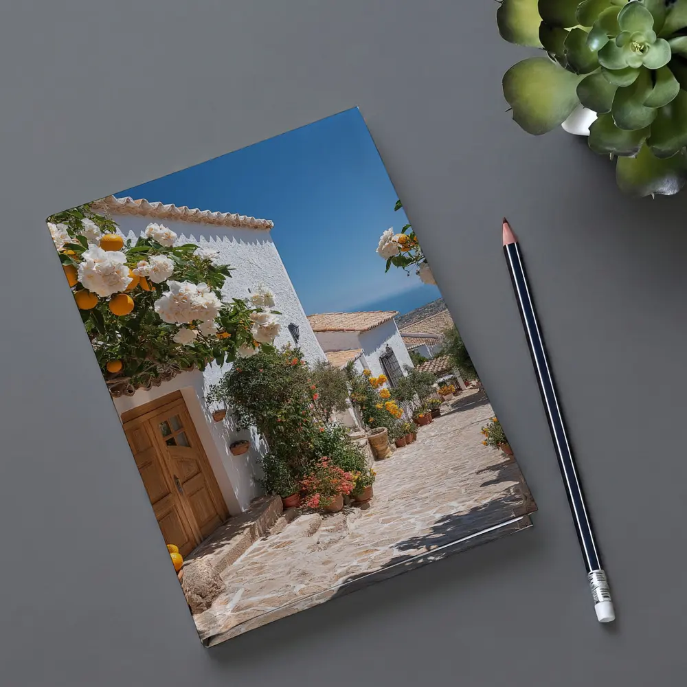 Mediterranean Village Courtyard Orange Trees White Houses – Notebooks