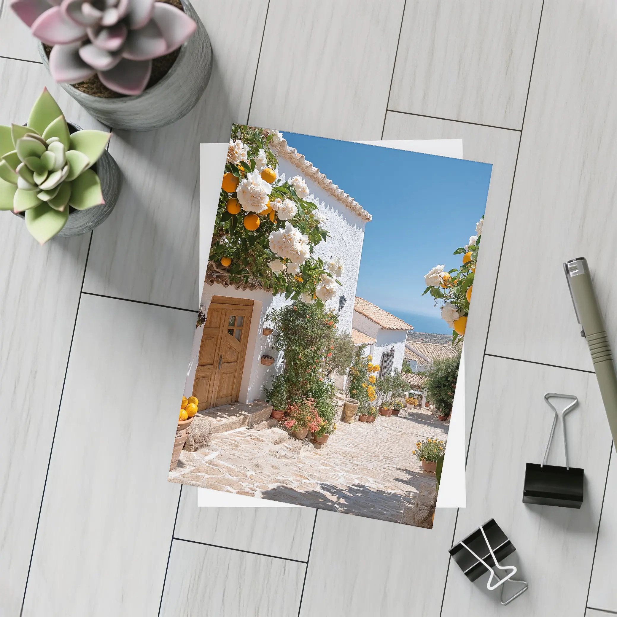 Mediterranean Village Courtyard Orange Trees White Houses – Postcards