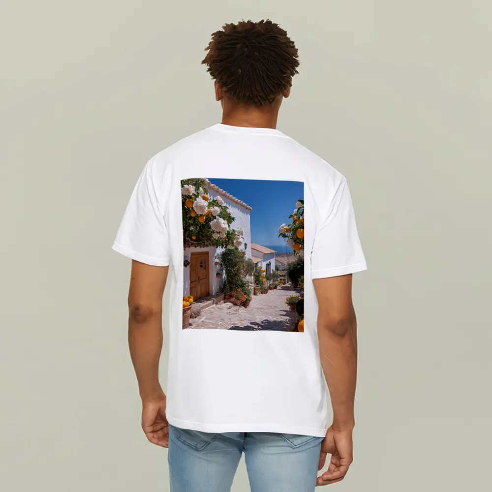 Mediterranean Village Courtyard Orange Trees White Houses – T-Shirts