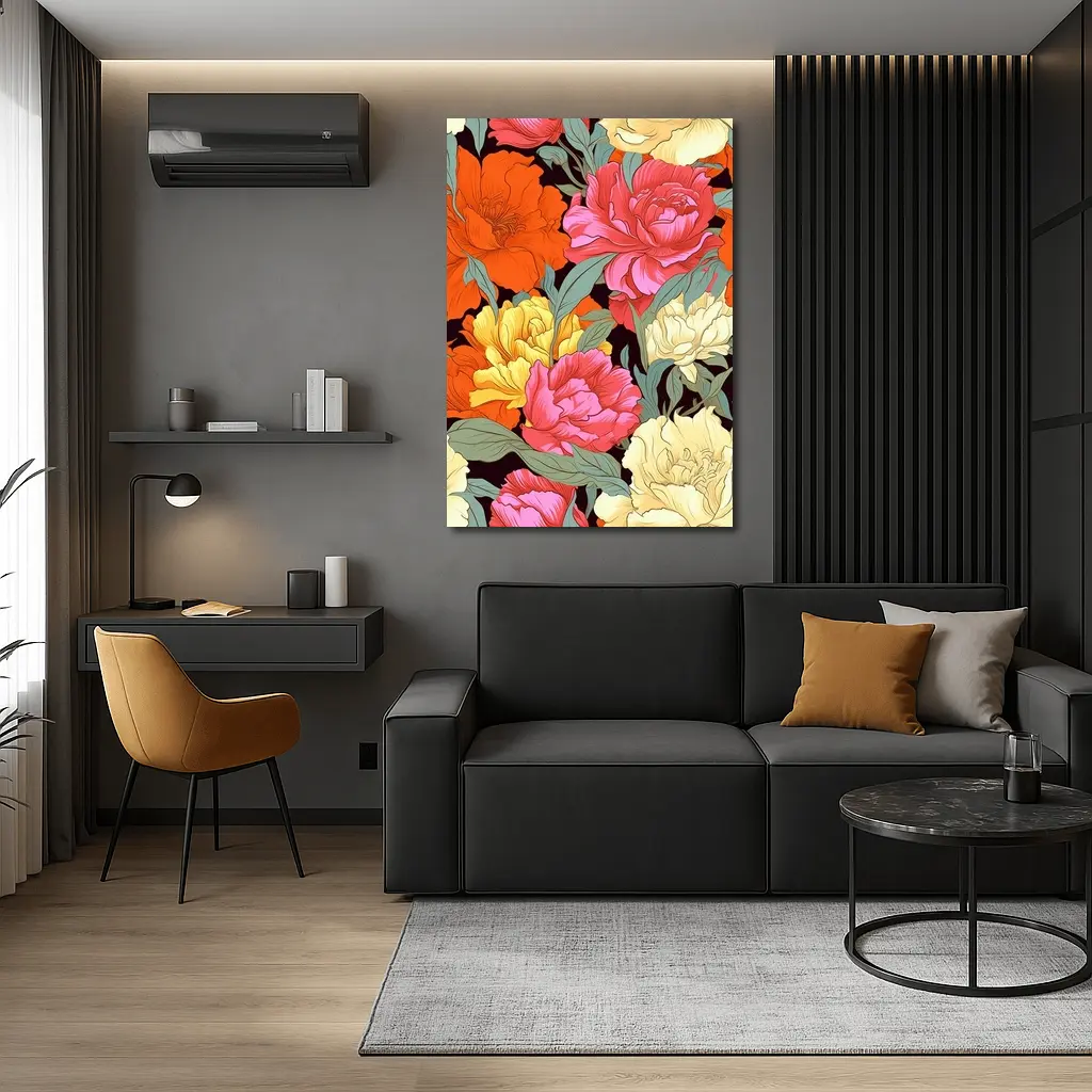 Bold Peony Floral Pattern Dark Background – Wall Art