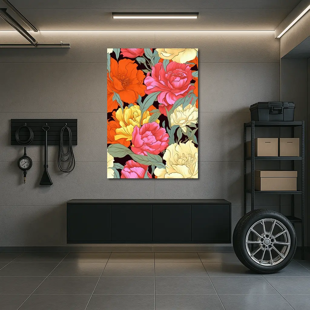 Bold Peony Floral Pattern Dark Background – Wall Art