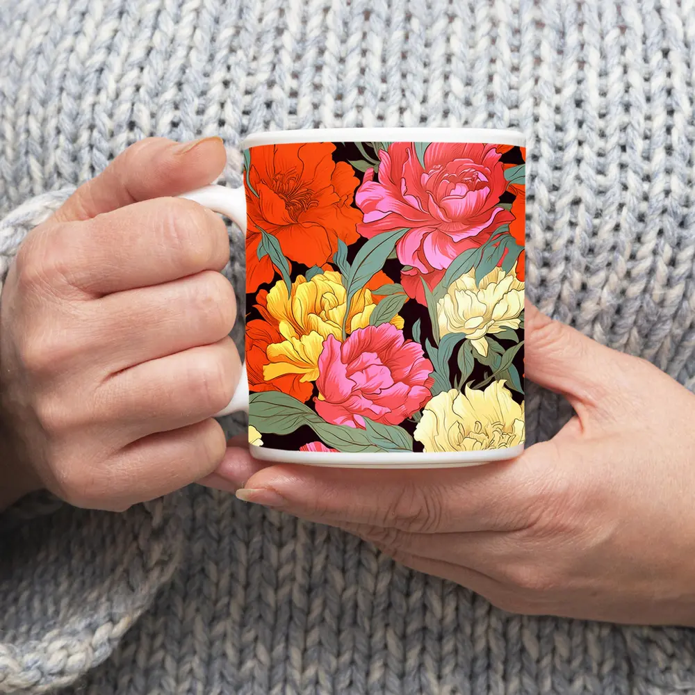 Bold Peony Floral Pattern Dark Background – Mugs