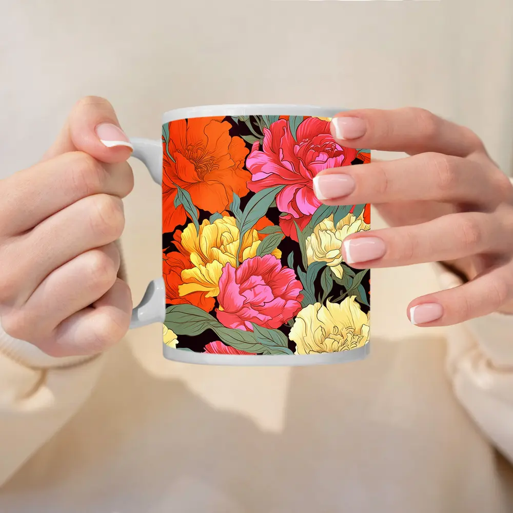 Bold Peony Floral Pattern Dark Background – Mugs
