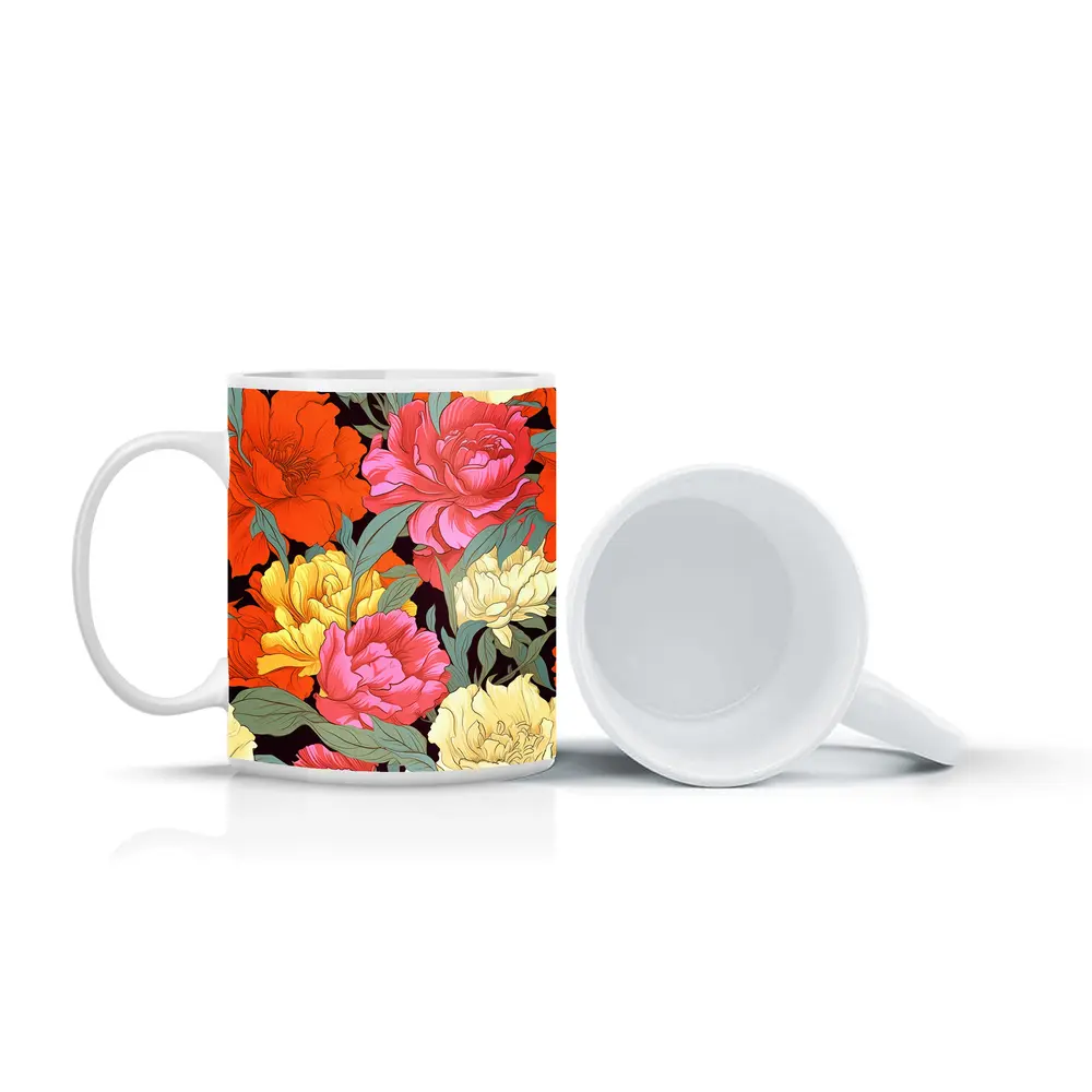 Bold Peony Floral Pattern Dark Background – Mugs