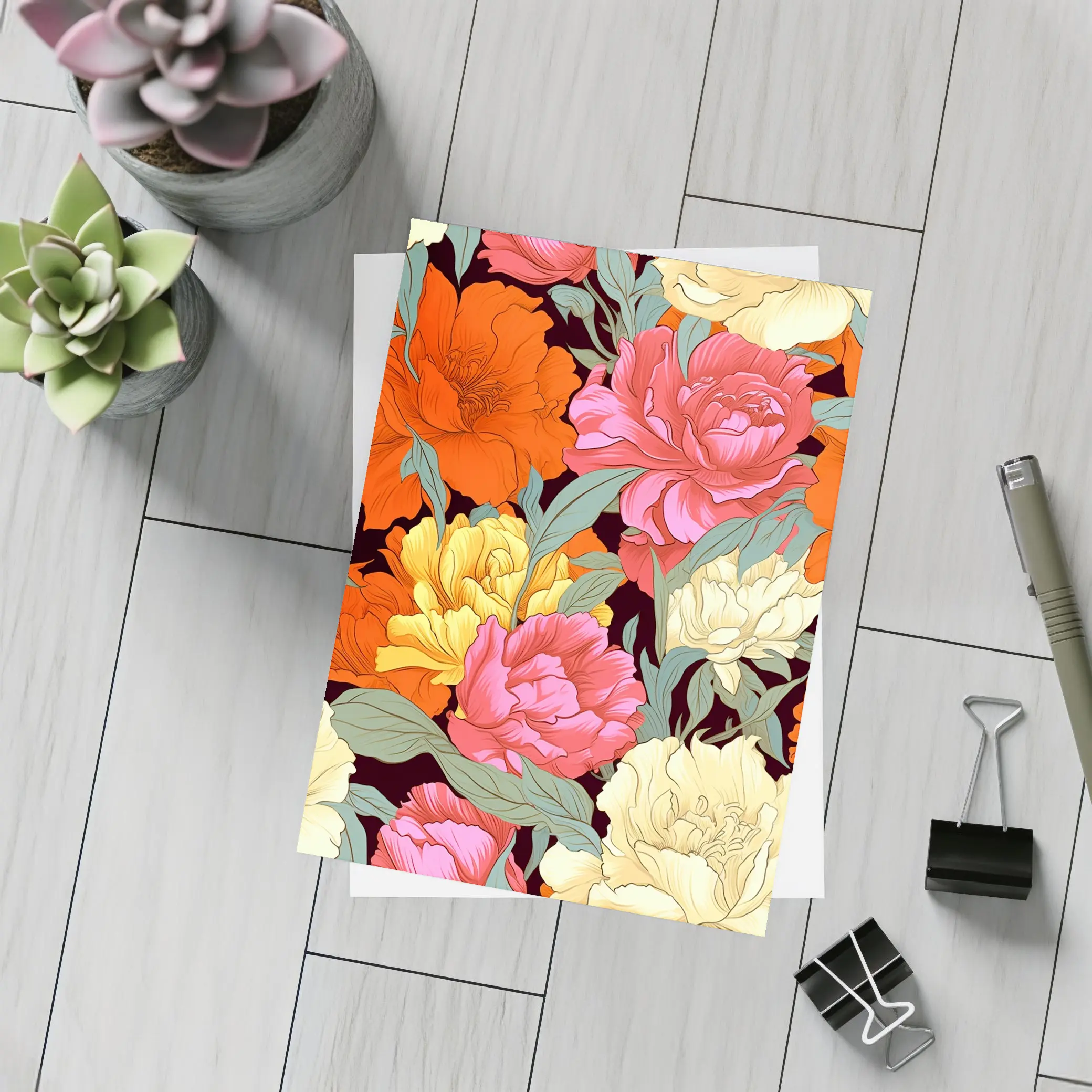 Bold Peony Floral Pattern Dark Background – Postcards