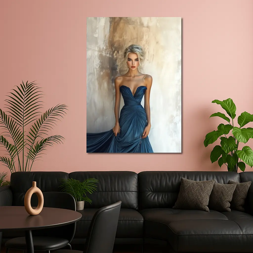Elegant Woman Blue Gown Textured Wall – Wall Art