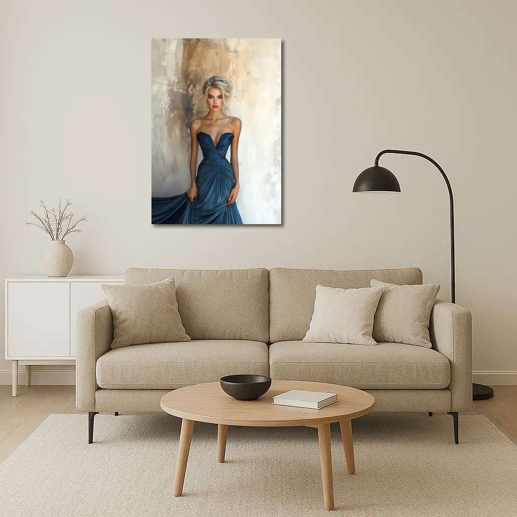 Elegant Woman Blue Gown Textured Wall – Wall Art