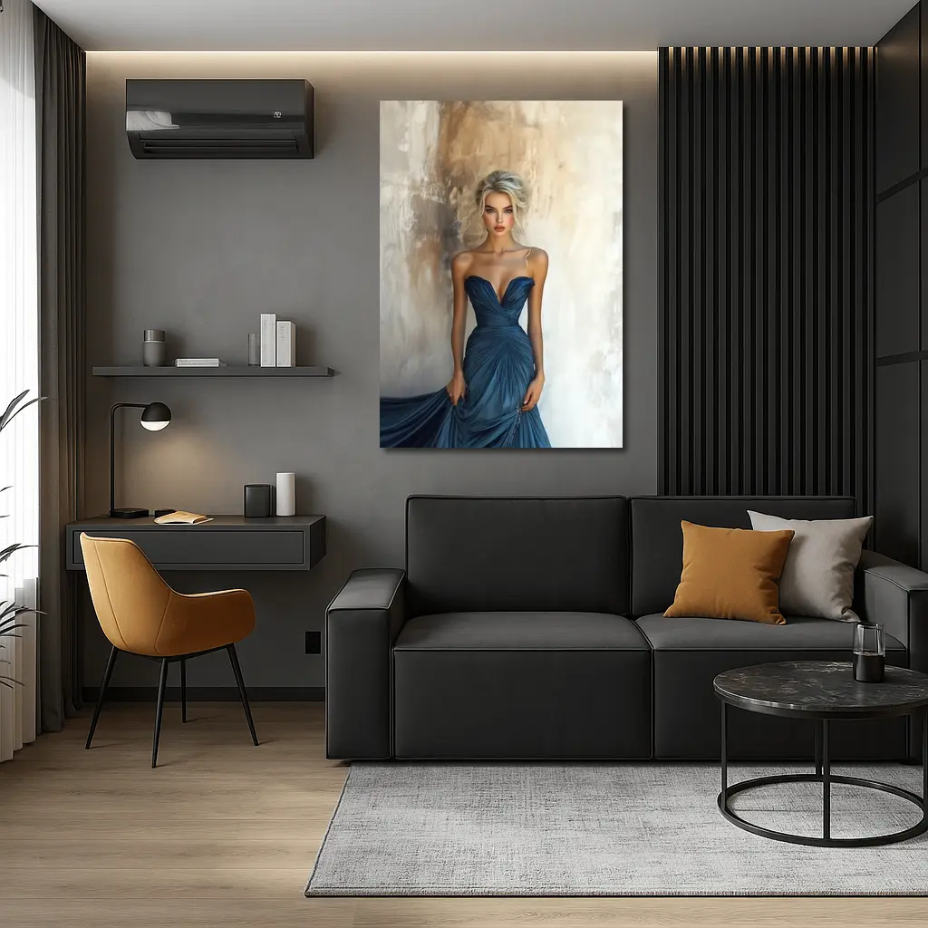 Elegant Woman Blue Gown Textured Wall – Wall Art