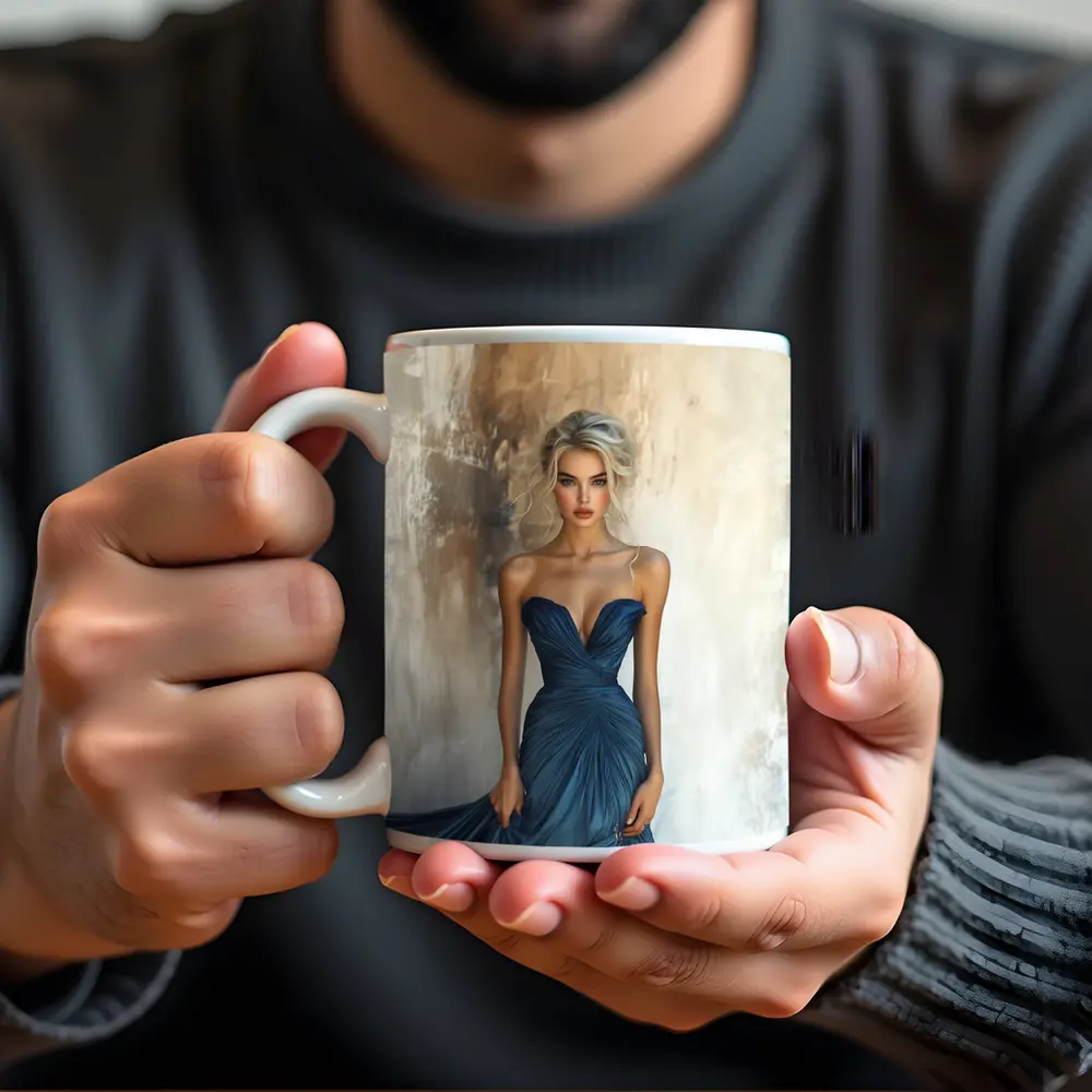 Elegant Woman Blue Gown Textured Wall – Mugs