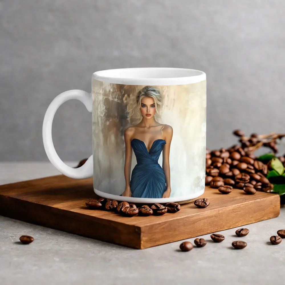 Elegant Woman Blue Gown Textured Wall – Mugs