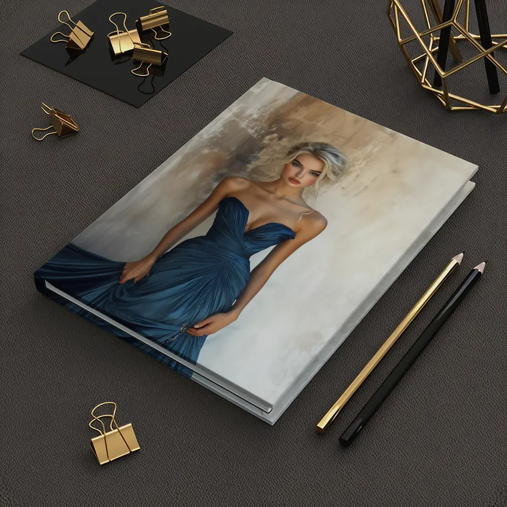 Elegant Woman Blue Gown Textured Wall – Notebooks