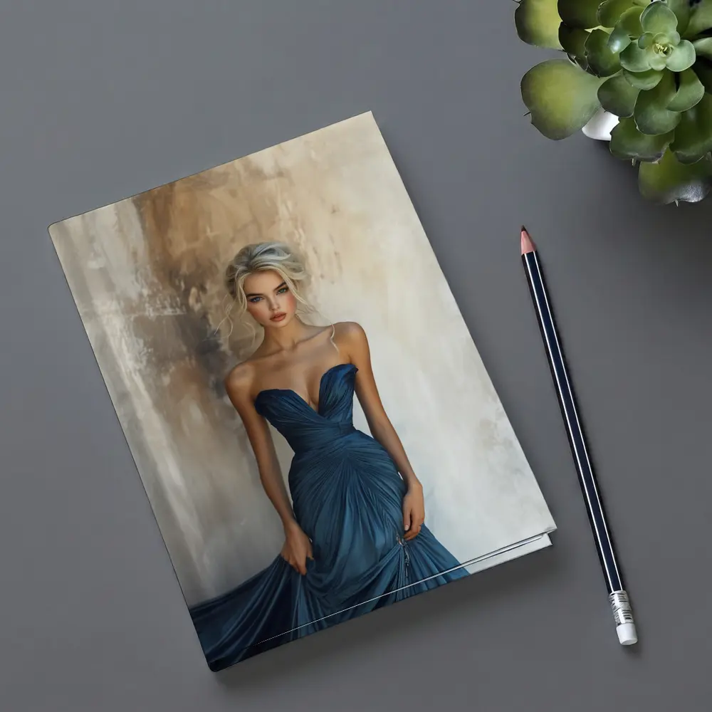 Elegant Woman Blue Gown Textured Wall – Notebooks