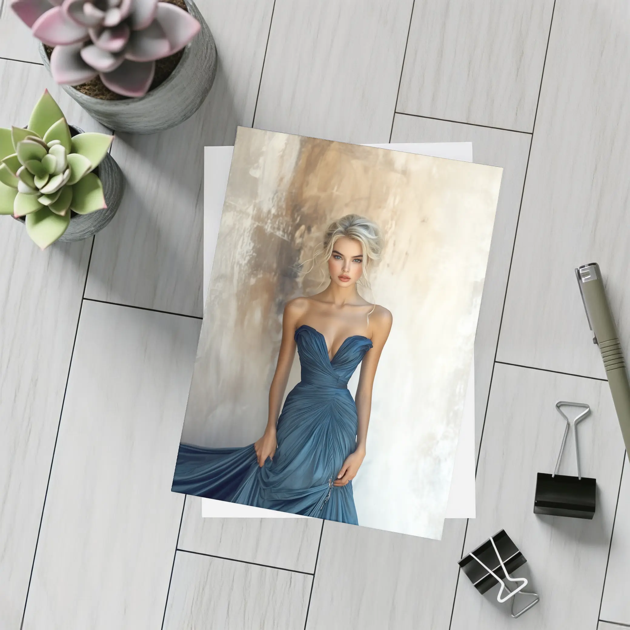 Elegant Woman Blue Gown Textured Wall – Postcards