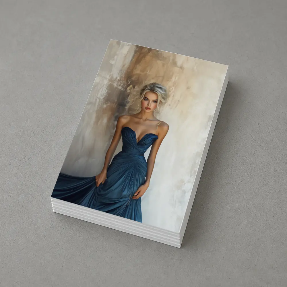 Elegant Woman Blue Gown Textured Wall – Postcards