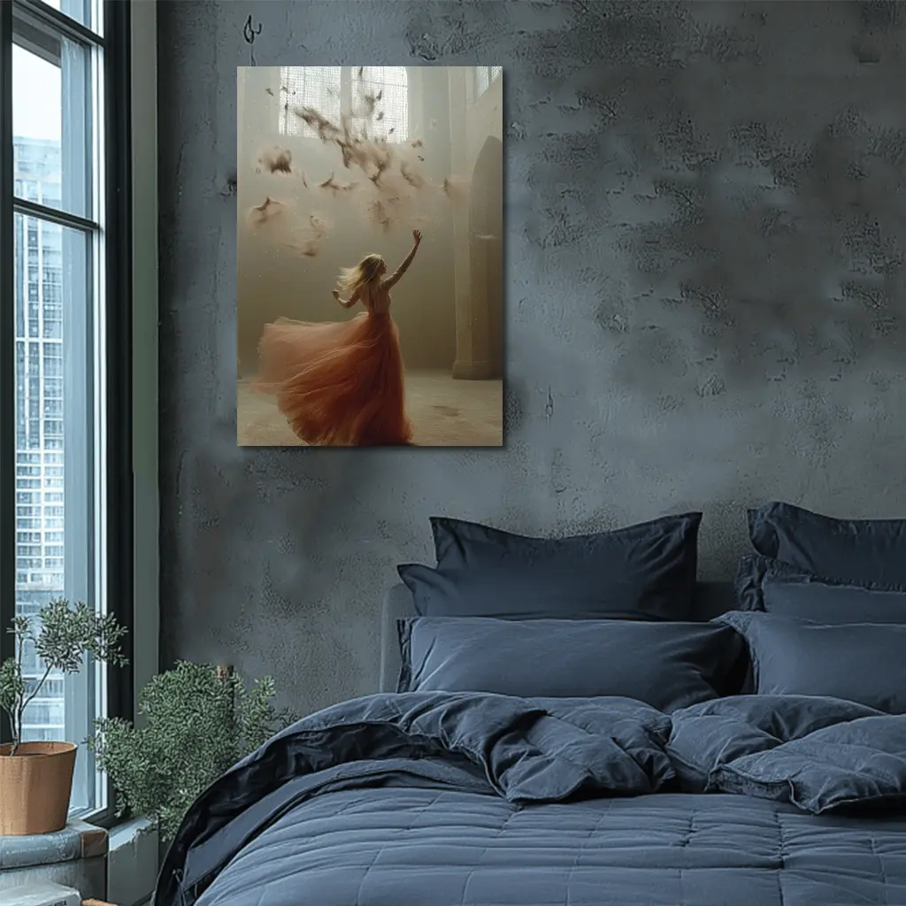 Woman in Orange Gown Feathers Church Interior – Wall Art