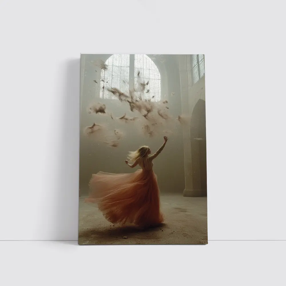 Woman in Orange Gown Feathers Church Interior – Wall Art