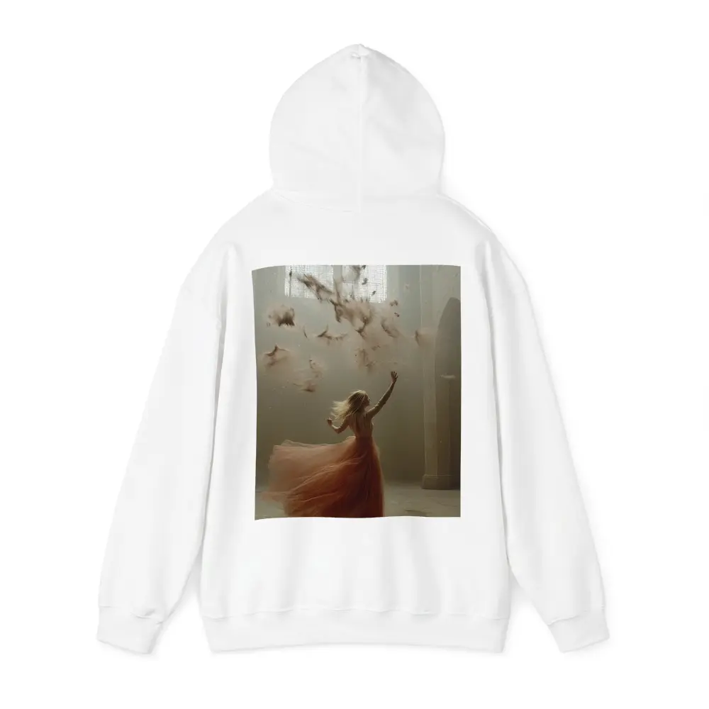 Woman in Orange Gown Feathers Church Interior – Hoodies