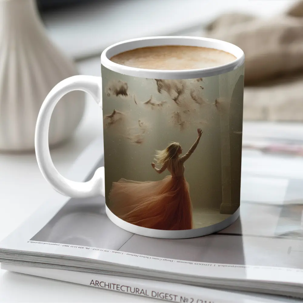 Woman in Orange Gown Feathers Church Interior – Mugs