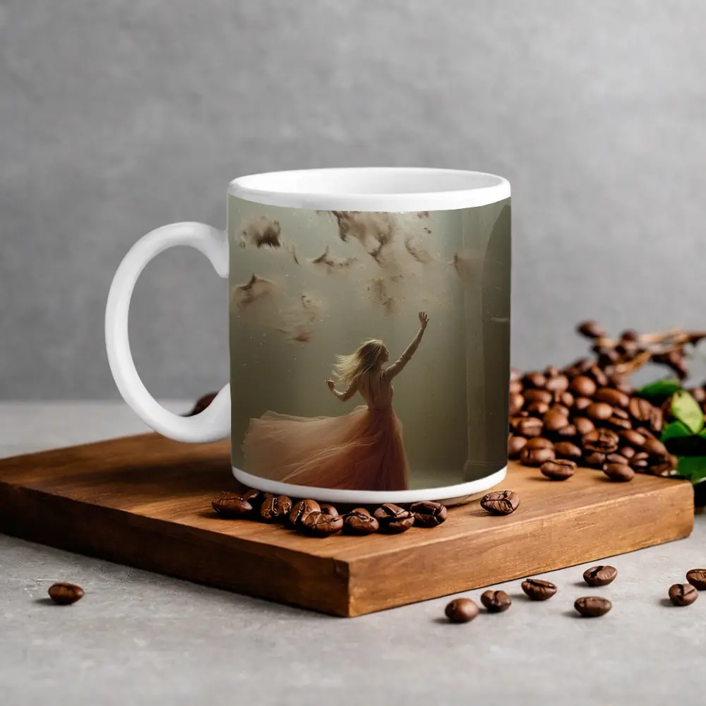 Woman in Orange Gown Feathers Church Interior – Mugs