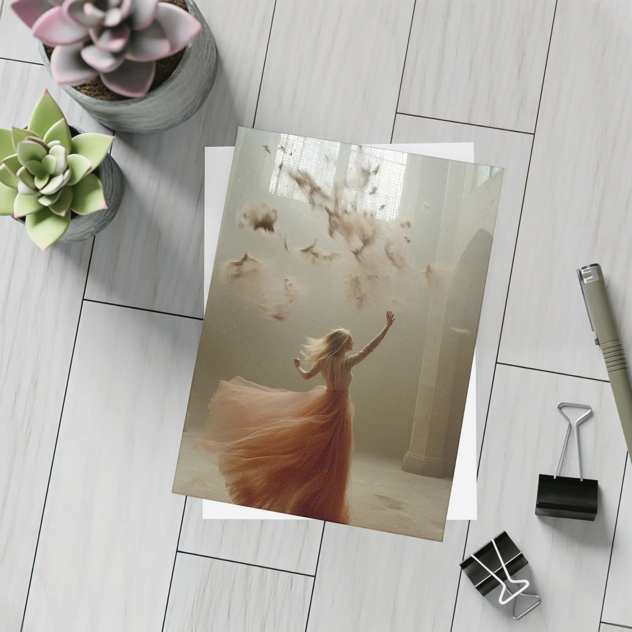 Woman in Orange Gown Feathers Church Interior – Postcards