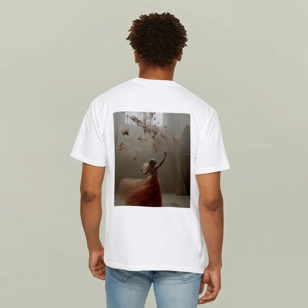 Woman in Orange Gown Feathers Church Interior – T-Shirts