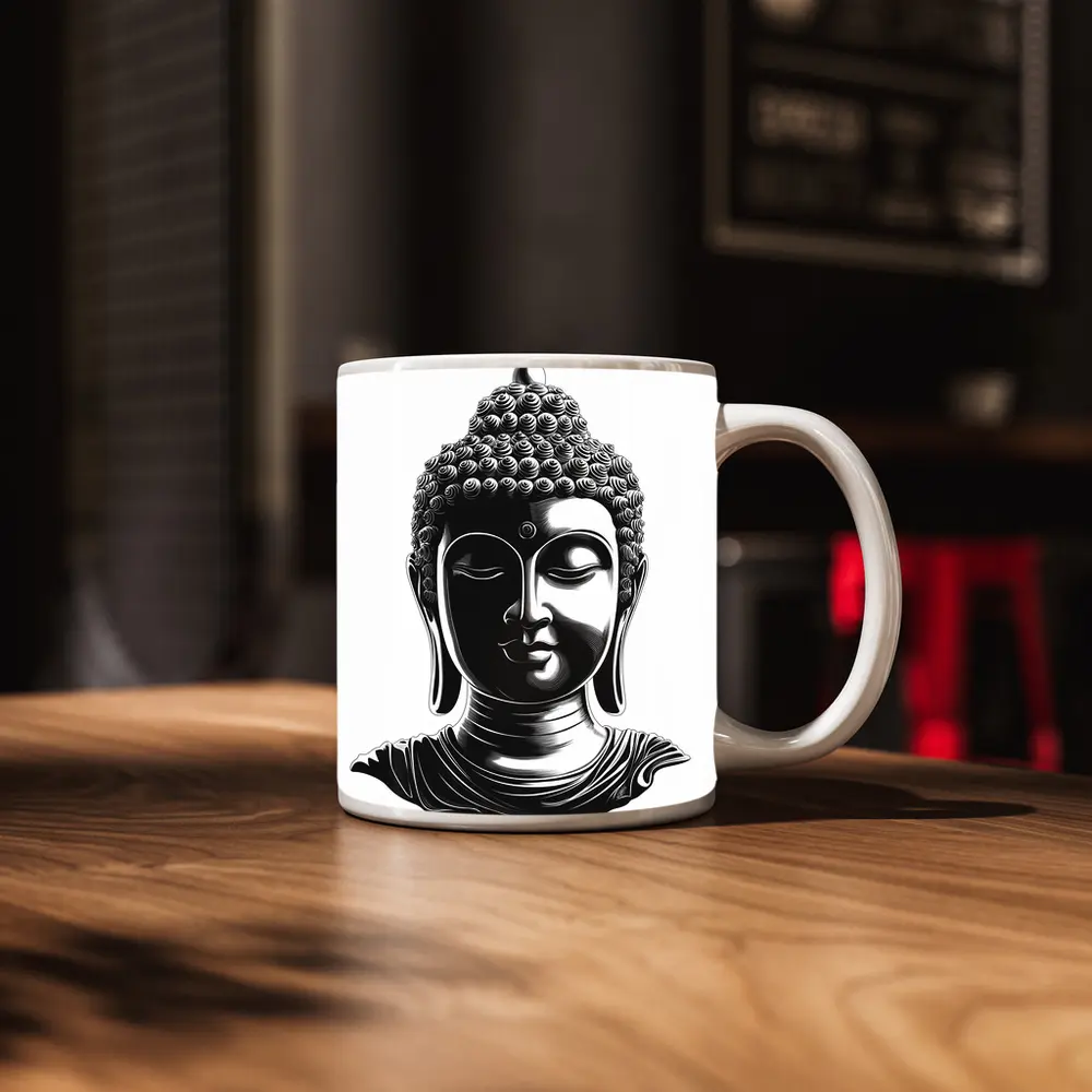 Black and White Buddha Head Illustration Art – Mugs