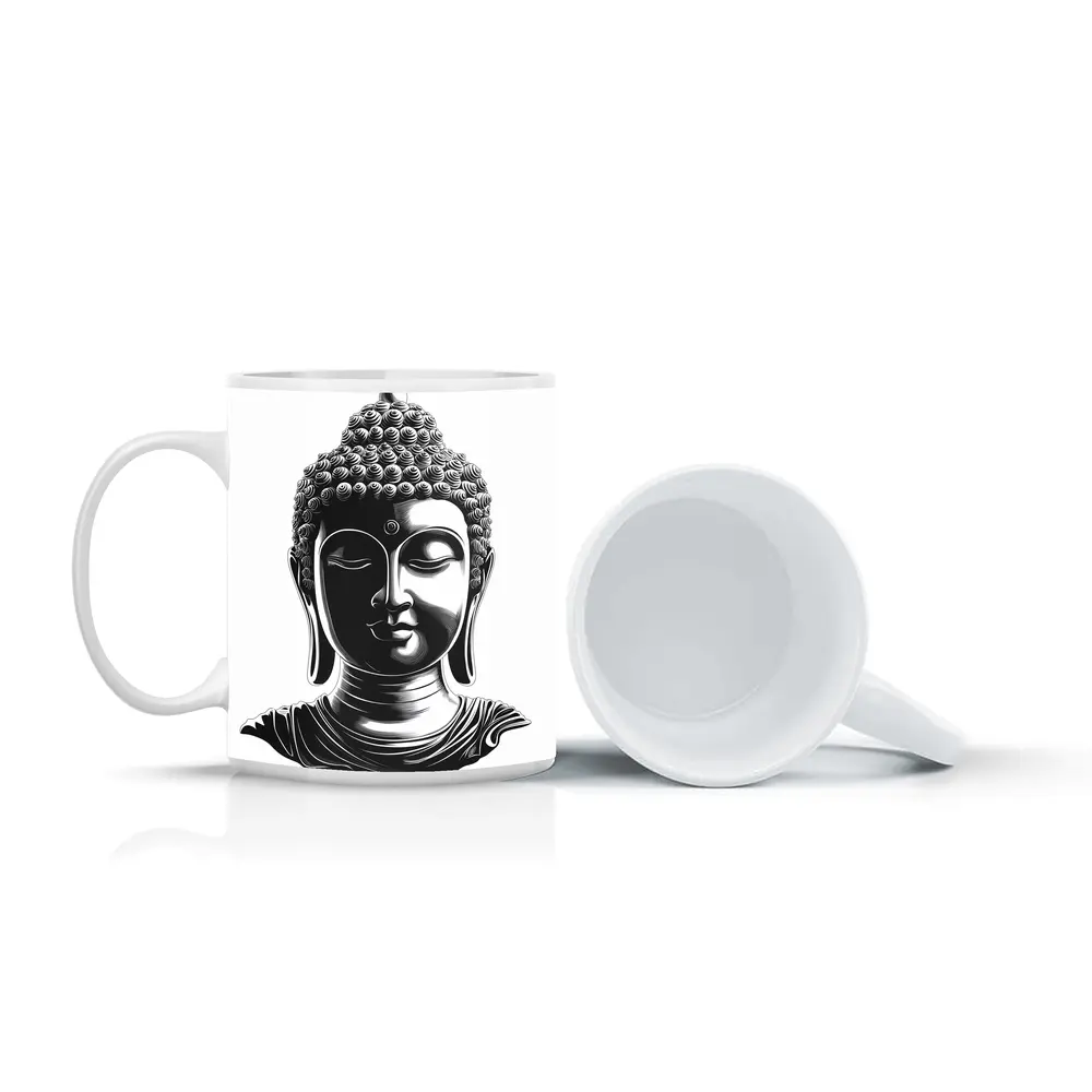 Black and White Buddha Head Illustration Art – Mugs