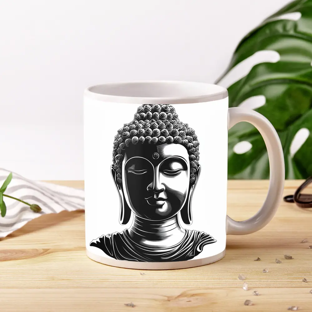 Black and White Buddha Head Illustration Art – Mugs