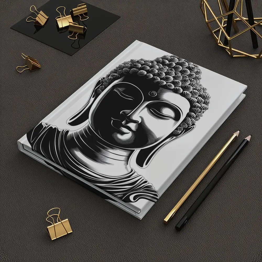 Black and White Buddha Head Illustration Art – Notebooks