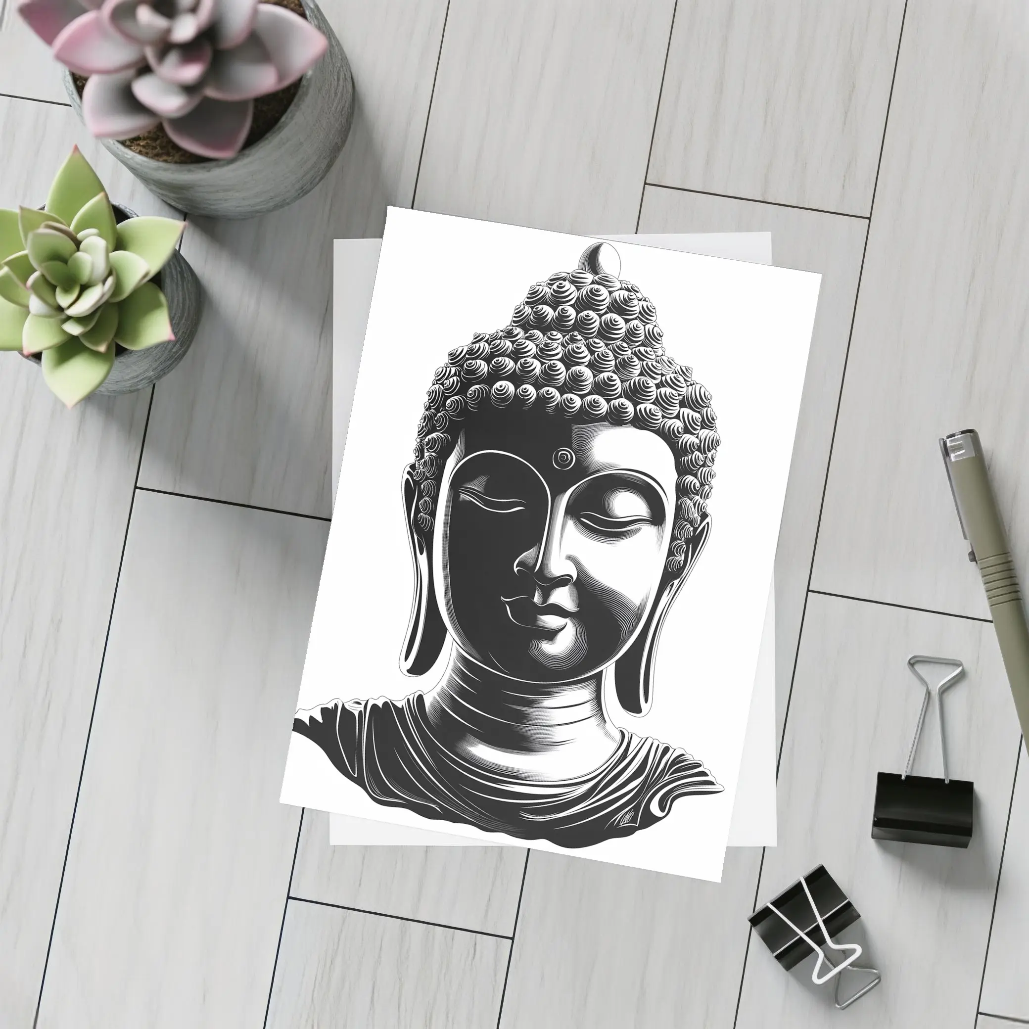 Black and White Buddha Head Illustration Art – Postcards
