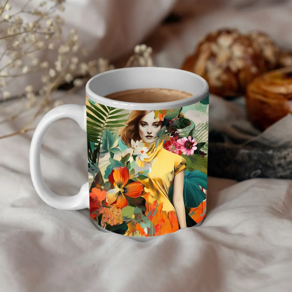 Fashion Woman Tropical Flowers Collage Art – Mugs
