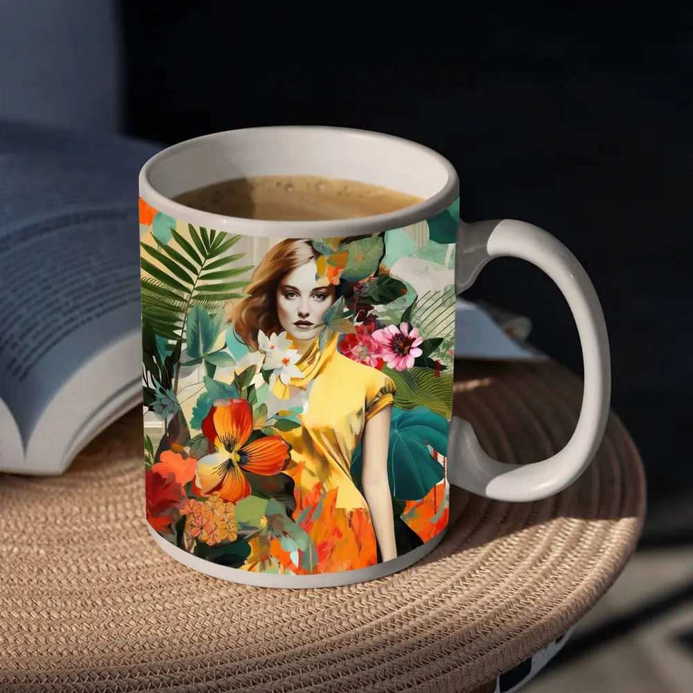 Fashion Woman Tropical Flowers Collage Art – Mugs