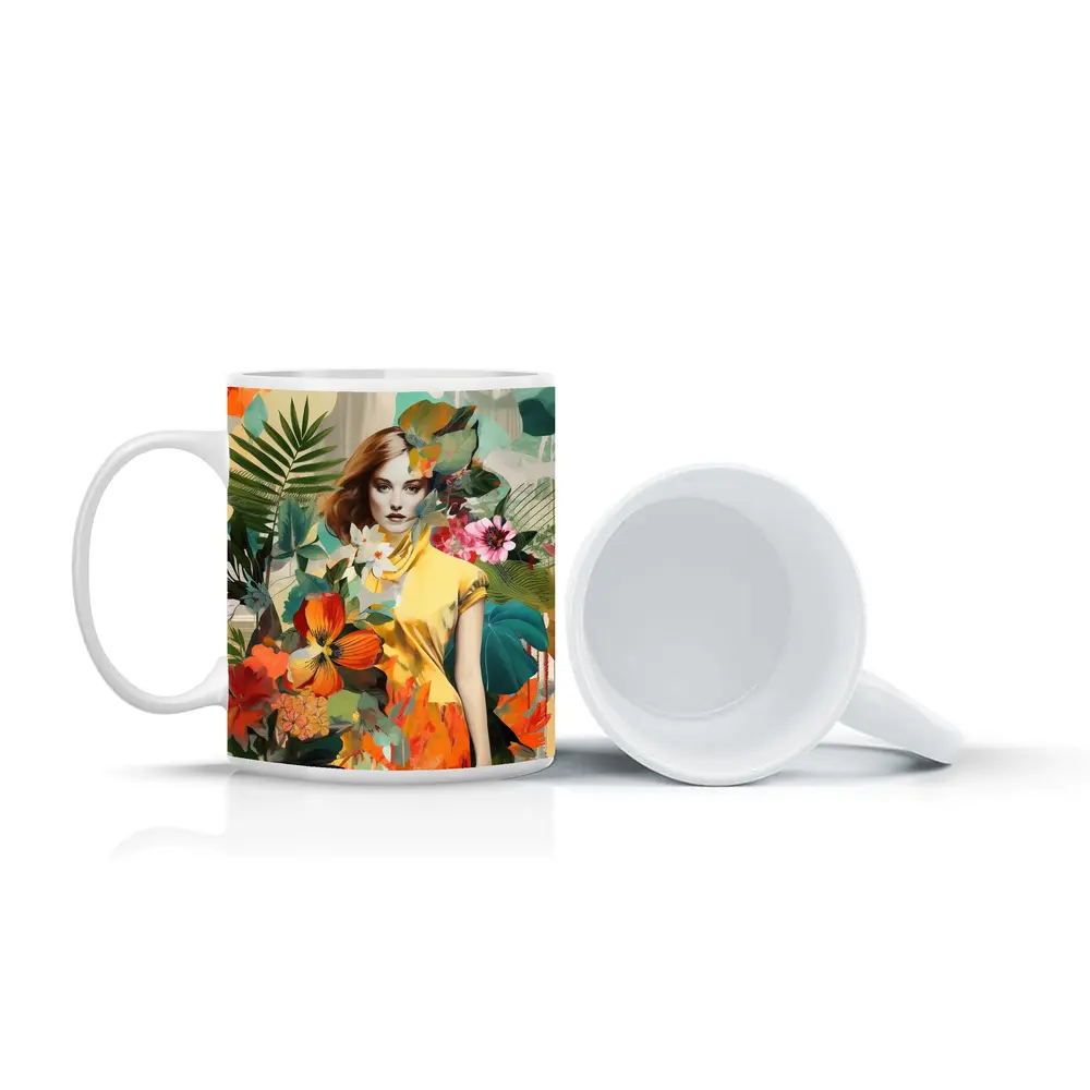 Fashion Woman Tropical Flowers Collage Art – Mugs