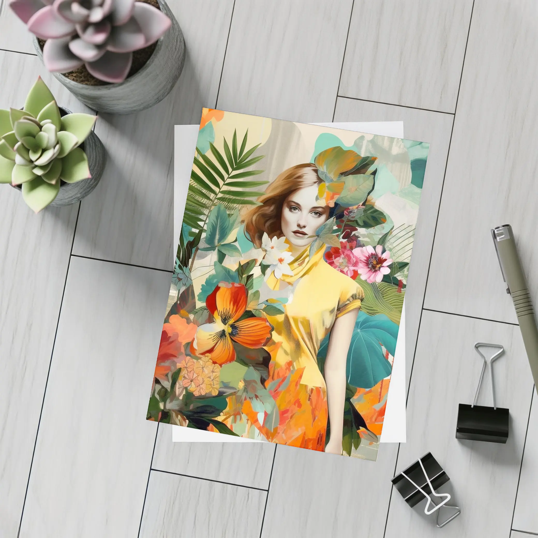 Fashion Woman Tropical Flowers Collage Art – Postcards