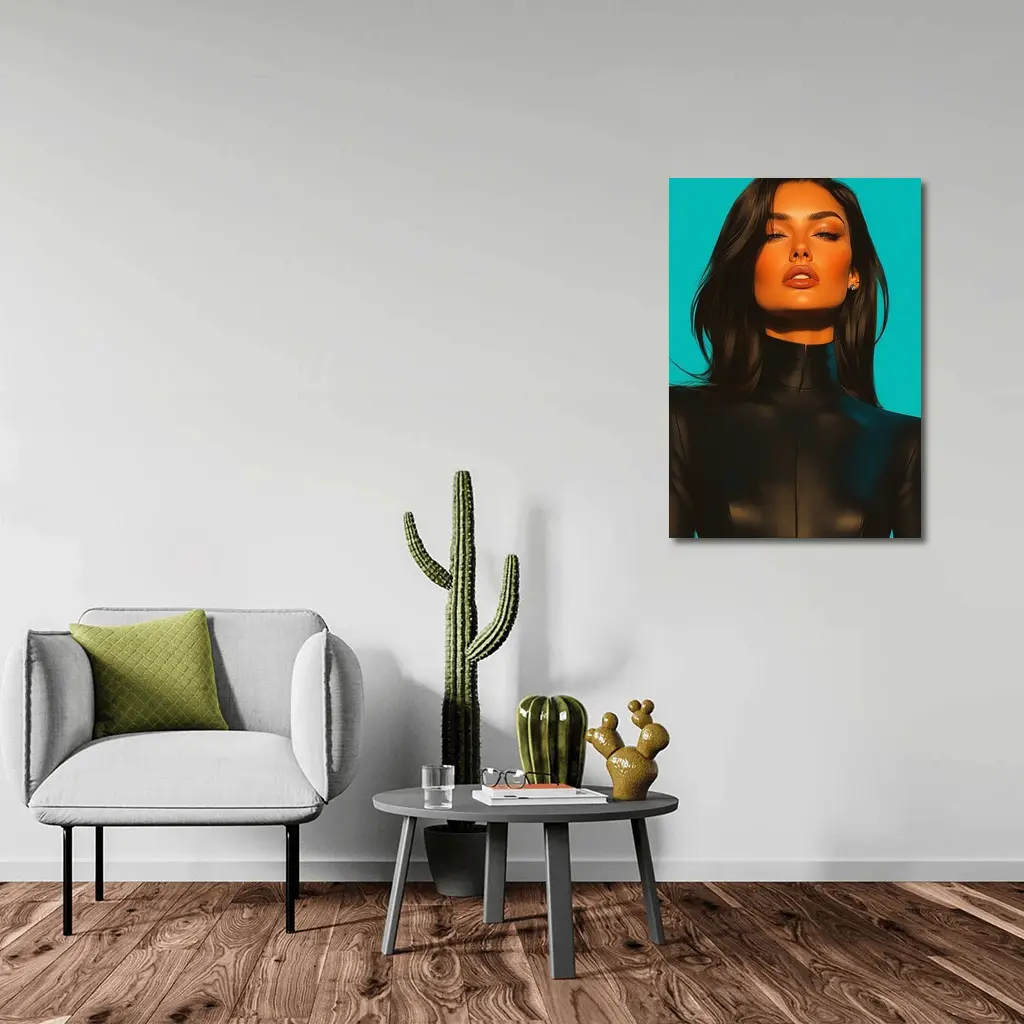 Dark Hair Woman Black Outfit Teal Background – Wall Art