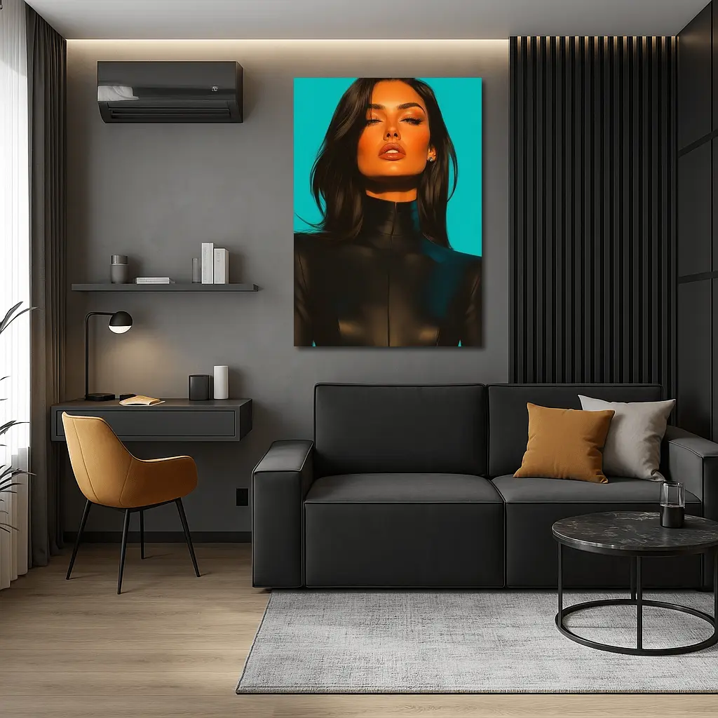 Dark Hair Woman Black Outfit Teal Background – Wall Art