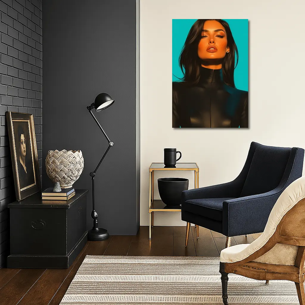 Dark Hair Woman Black Outfit Teal Background – Wall Art