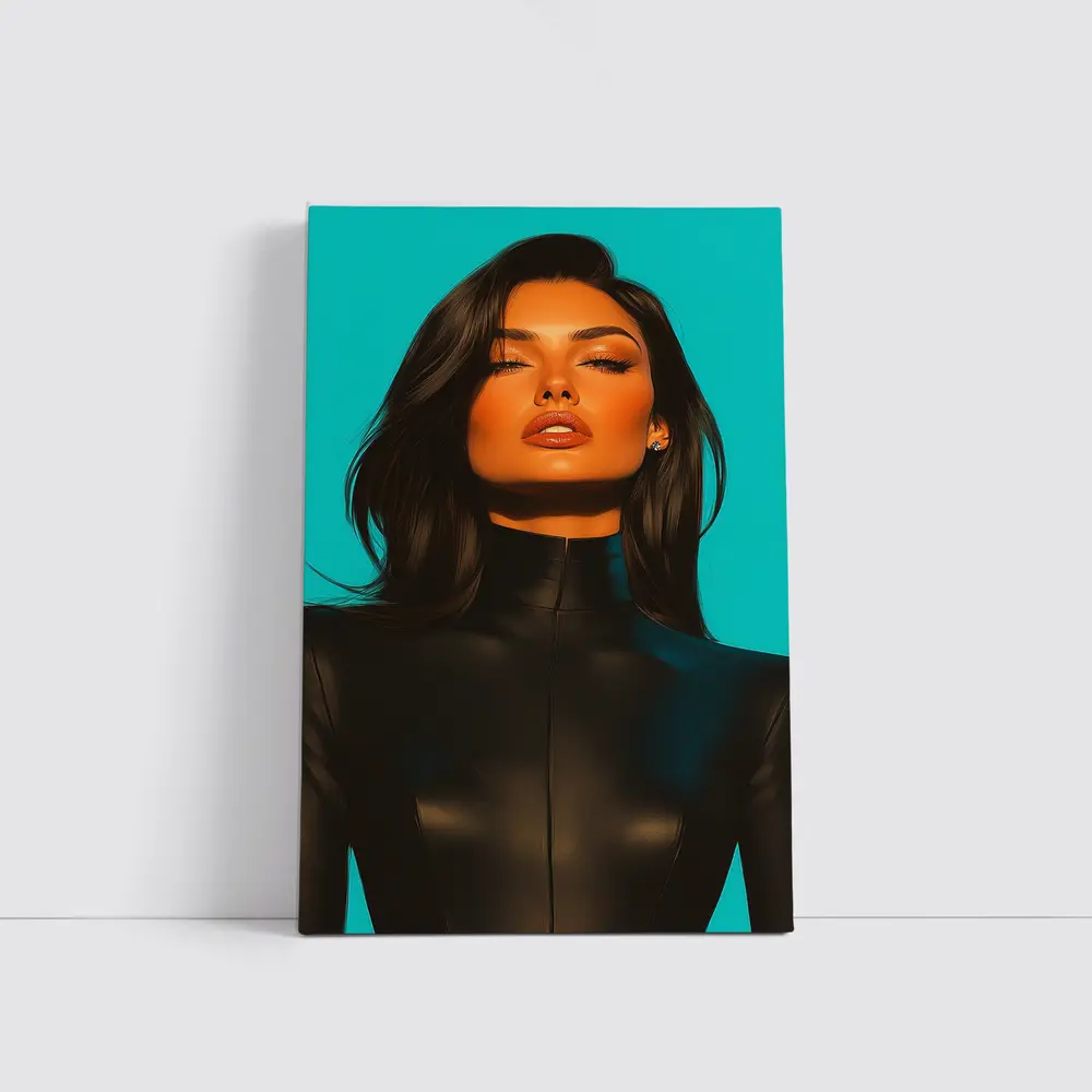 Dark Hair Woman Black Outfit Teal Background – Wall Art